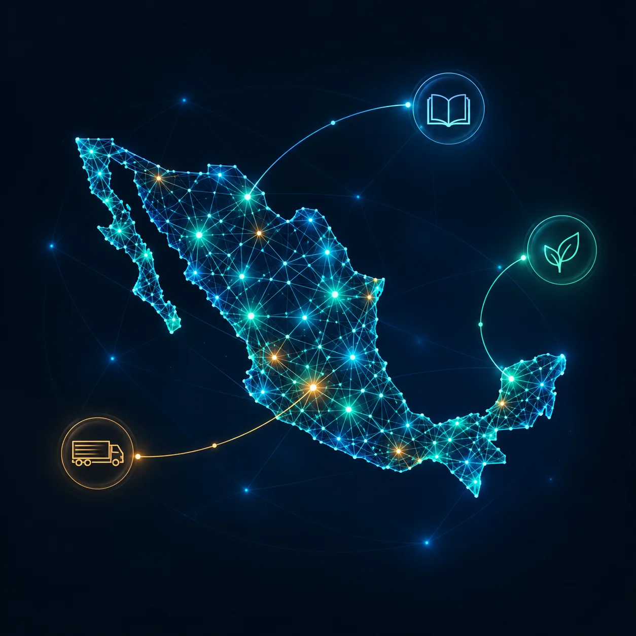 Silueta tecnológica de México con conexiones a conocimiento, sustentabilidad y transporte